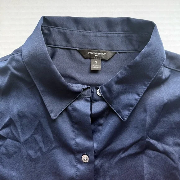 Banana Republic Factory Silky Classic Shirt Button-Up Preppy Navy Size S - Picture 8 of 11